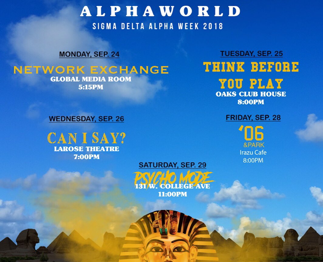SiggyDAlphas's tweet photo. Alpha Week is here again! If you’re on campus, make sure to mark your calendar for some great events. #PsychoSiggyD https://t.co/oveKluAzps