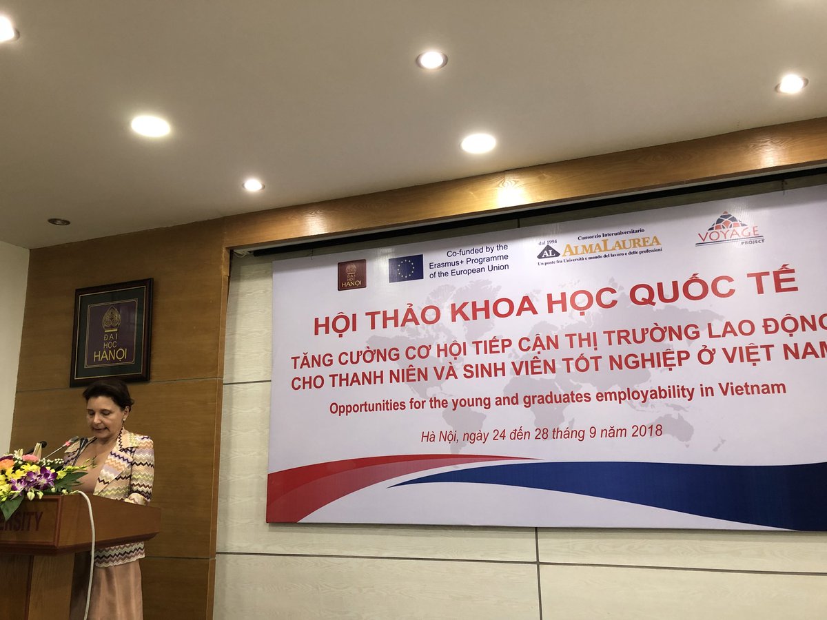 ItalyinVietnam's tweet photo. Ambassador @PiccioniCecilia joining the dissemination conference on the innovative #Voyage project implemented by @AlmaLaurea with the crucial support of @UniPadova and @EUDelegationVN aimed at matching graduates and companies for better #job opportunities. https://t.co/4A5wABZt6H