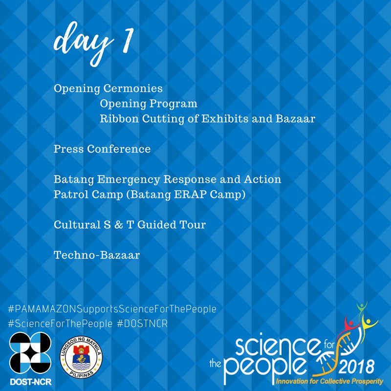 DOST_NCR's tweet photo. Dalawang tulog na lang! Handa na ba kayo? Here is the list of activities per day.
#PAMAMAZONSupportsScienceForThePeople #ScienceForThePeople #DOSTNCR #DOSTevents #dostPH #SciTechPH #science #technology #manila https://t.co/arZwvgaWeZ