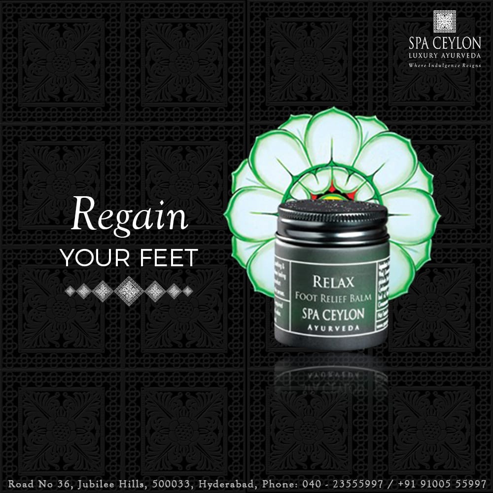 SpaCeylonHyd's tweet photo. Regain your feet! Say goodbye to tired, swollen n painful feet with Spa Ceylon RELAX Foot Relief Balm. Works wonder to cool, soothe &amp; relax. https://t.co/6IXgdhcm4k