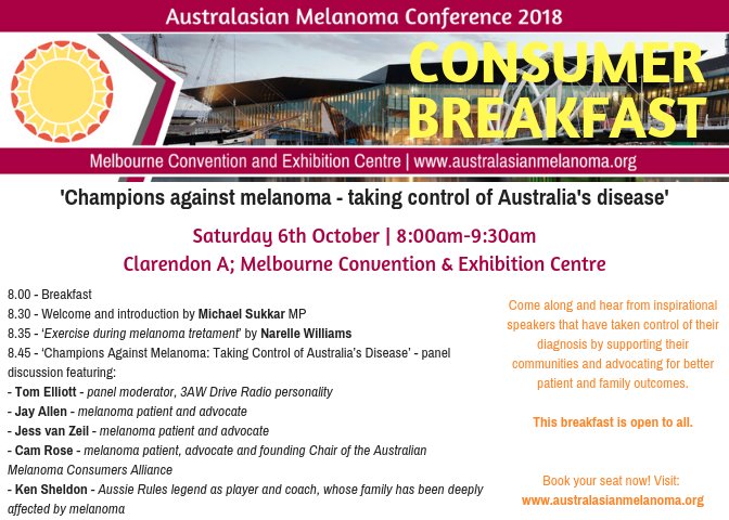 2018AMC's tweet image. There is still 🕑 to secure your seat at the upcoming Consumer Breakfast! It's open to all who are interested! Book your seat now! australasianmelanoma.org