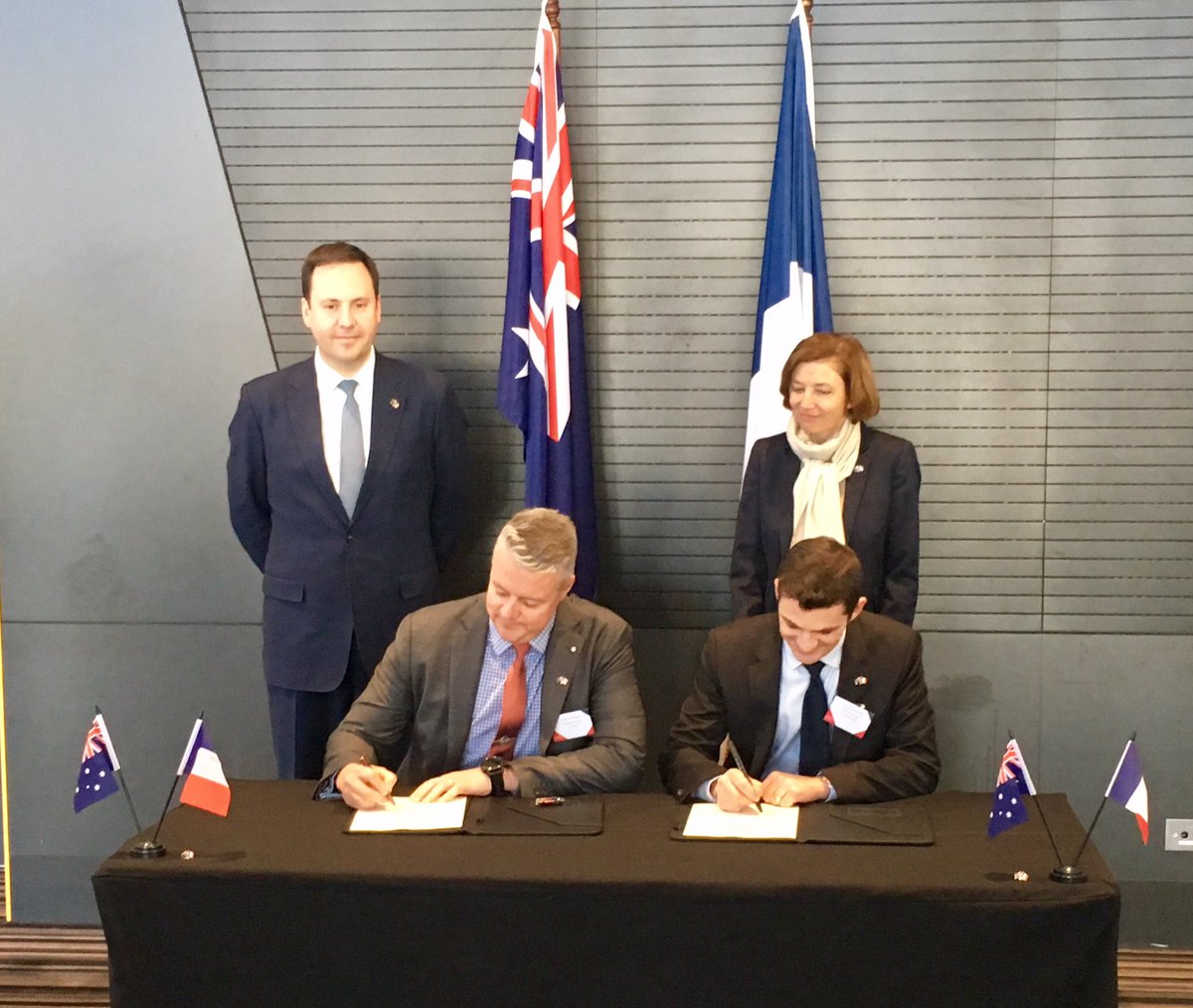 FranceAustralia's tweet photo. French Minister for the Armed Forces @florence_parly and Australian Minister for Defence Industry @StevenCiobo witnessed the joint venture agreement between #issartel and #hifraser in Adelaide this morning, as part of the French Australian Defence Symposium https://t.co/0uUjSRoixM