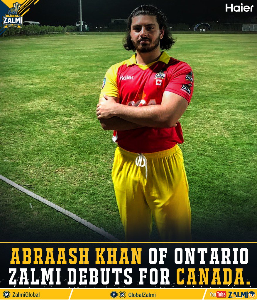 GlobalZalmi's tweet photo. .@Abraashkhan1 of Ontario Zalmi makes his dream debut for the @canadiancricket team. He opened the bowling to demolish the Belizean batting by grabbing 3 wickets for 4 runs and then came out to open and was unbeaten at 12*. He was awarded the Man of the Match as well. 

#HumZalmi https://t.co/D7JVhJBlYh