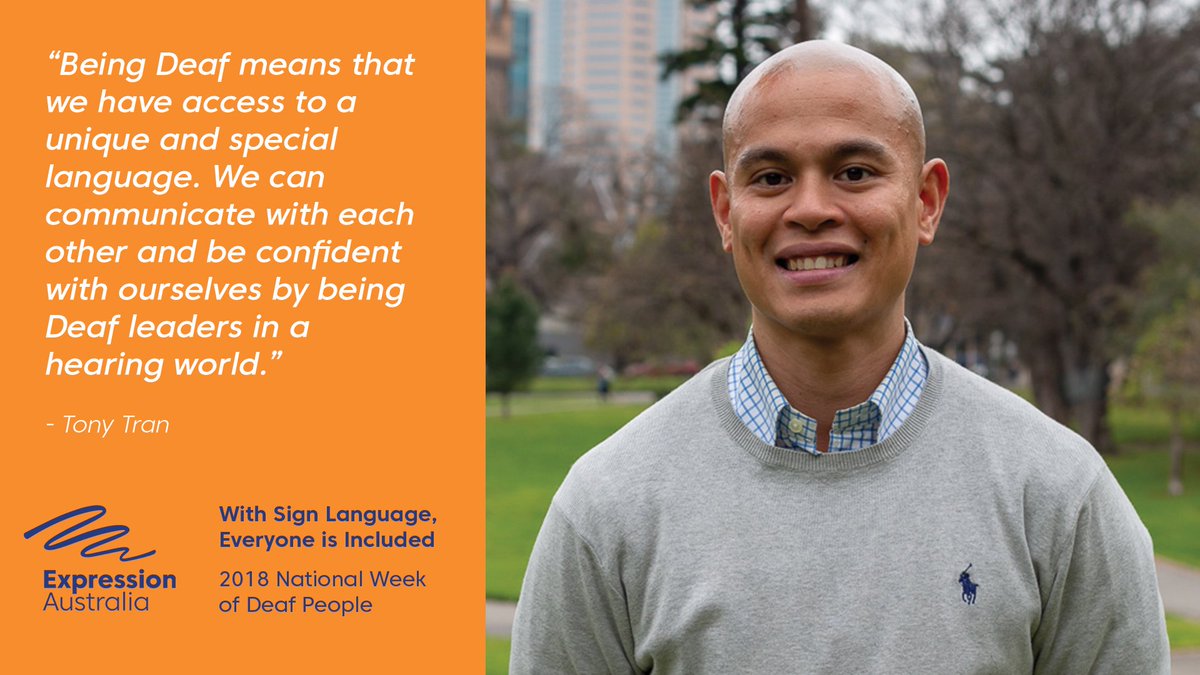 ExpressionAus's tweet photo. “Being Deaf means that we have access to a unique and special language. We can communicate with each other and be confident with ourselves by being Deaf leaders in a hearing world.”
Read Tony's story here: https://t.co/1l2Im0bN5q #Deaf #Language #SignLanguage #Auslan #NWDP2018 https://t.co/NqEKMGz8sb