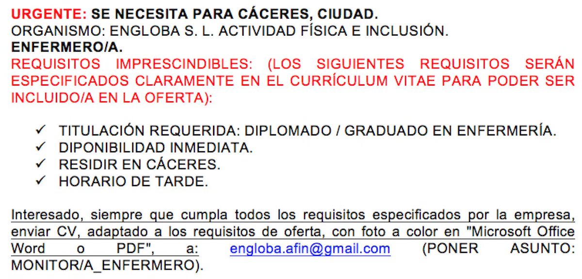 Se necesita para #Cáceres, ciudad, enfermero/a. Organismo: Engloba S.L. Actividad Física e Inclusión. @JuntaEx_Empleo @P_Local_Badajoz <a href="/JuventudCaceres/">Juventud Cáceres</a> <a href="/empleoex/">Empleo Extremadura</a> @extremtrabaja