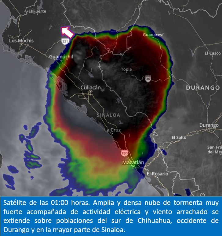 Imagen de satélite de las 01:00 h, muestra Amplia y densa nube de #Tormenta muy fuerte acompañada de #ActividadEléctrica y #Viento arrachado en #Chihuahua, #Durango y #Sinaloa.