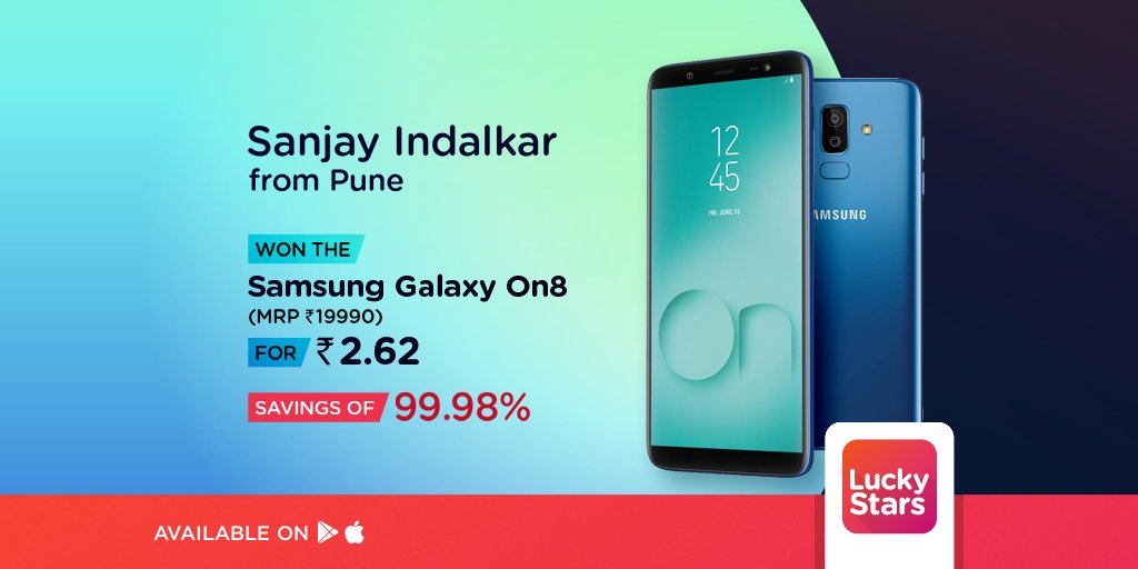 luckystarsapp's tweet image. The prizes just won’t stop on #LuckyStarsApp.
This time it’s Sanjay Indalkar who grabbed the #Samsung #GalaxyOn8 smartphone in Lowest Unique Bid.
Next prize can be yours, check out here -&amp;gt; goo.gl/XD4AiY.