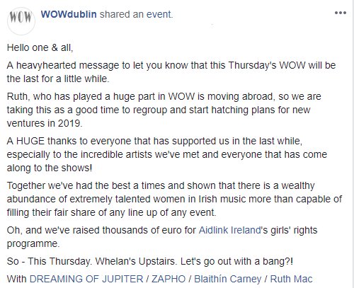 wowdublin's tweet photo. Sob announcement incoming...
This week's will be the last WOW for quite a while. 
This Thursday - do come along and help us celebrate what has been an incredible journey!
Thank you all for the support xx https://t.co/2WrbBdo7cP