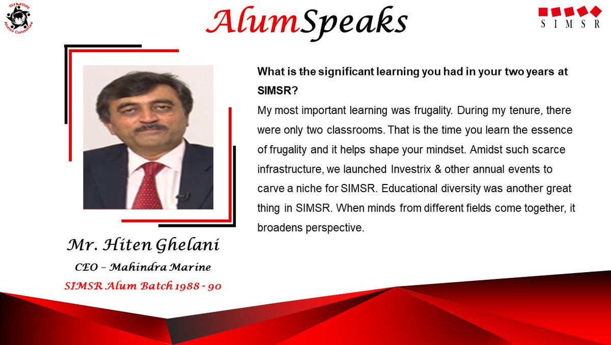 SIMSRAlumni's tweet photo. Part 3/4
In conversation with Mr. Hiten Ghelani @KJSIMSR Alum of Batch 1988-90, CEO - Mahindra Marine.
For more information
Please read IMPRINTS,
https://t.co/bDGlN69bv7
#Imprinta #September2018 #MonthlyNewsletter #AlumSpeaks #SIMSRalumni #SIMSR https://t.co/8PeH7QQNTW