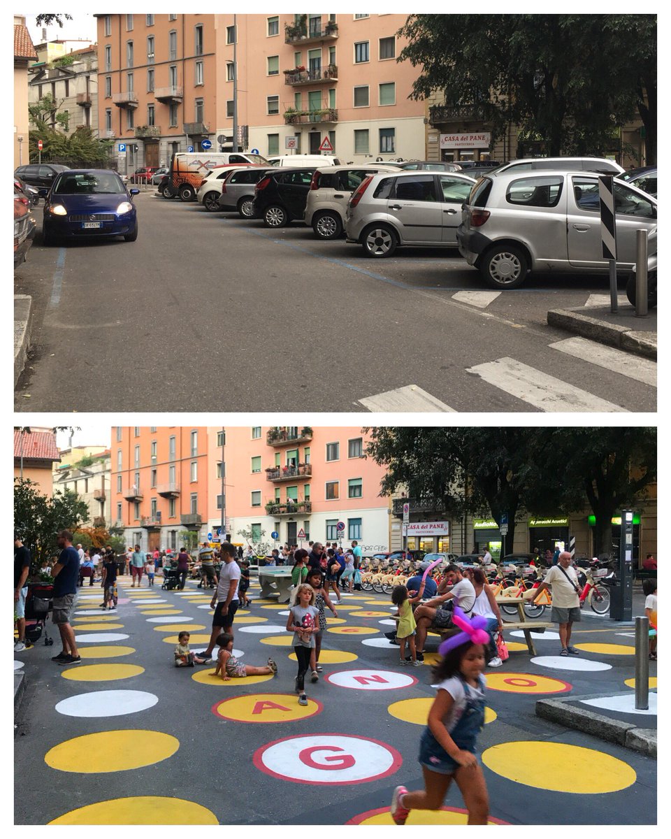GlobalStreets's tweet photo. Honored to work with #BloombergAssociates & the city of #Milan to transform this space in #Dergano from storage of #metalboxes to a bustling #piazza filled with life! Prioritizing #people over #parking! #worldcarfreeday #globalstreets #streetsforkids @JSadikKhan @PierMaran https://t.co/cLacfWxU5d