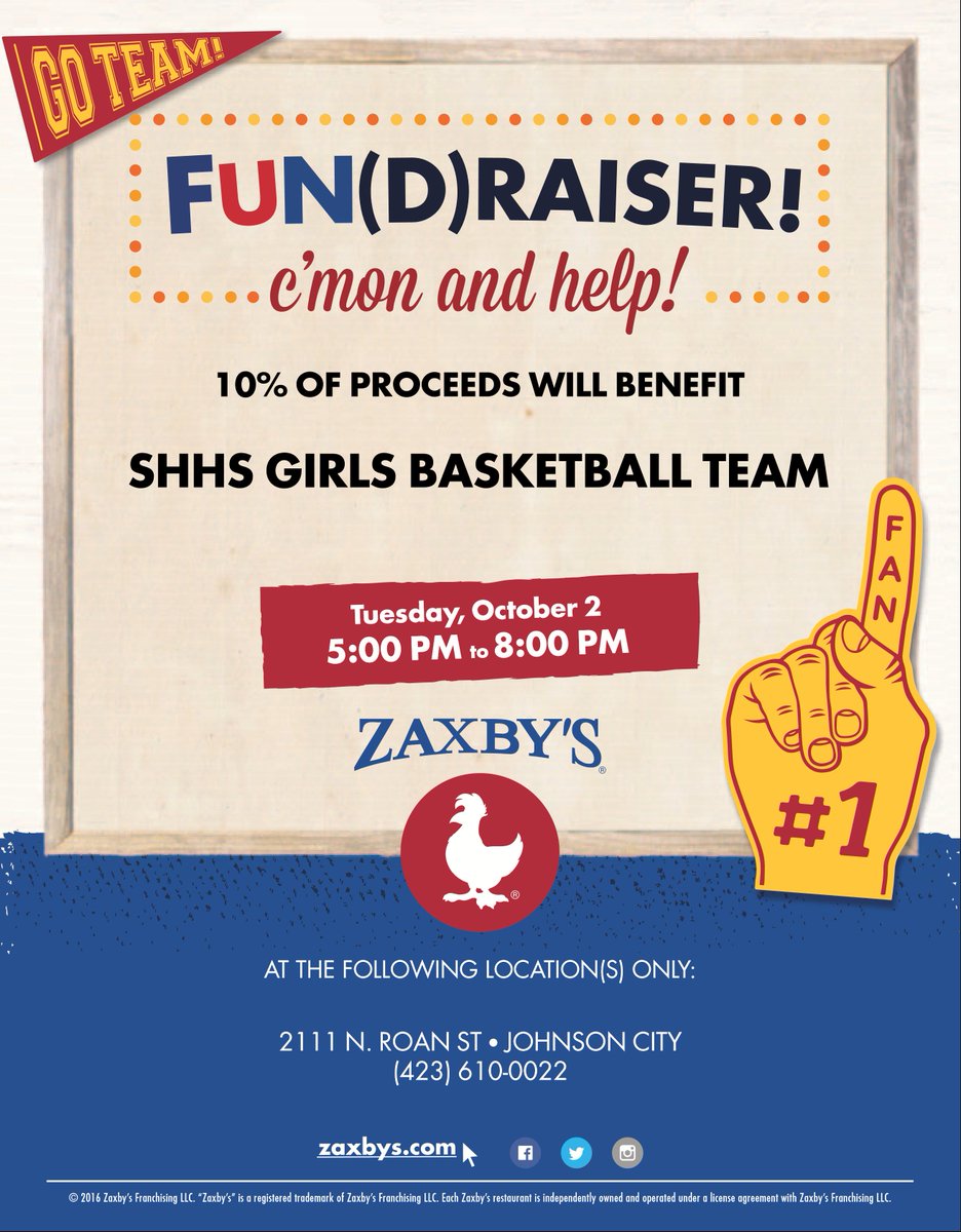 Come out and support Science Hill Girls Basketball at Zaxby's  on North Roan Street on Tuesday Oct. 2nd from 5-8 pm. Fun, food, and games. 10% of all proceeds go to support the lady toppers!