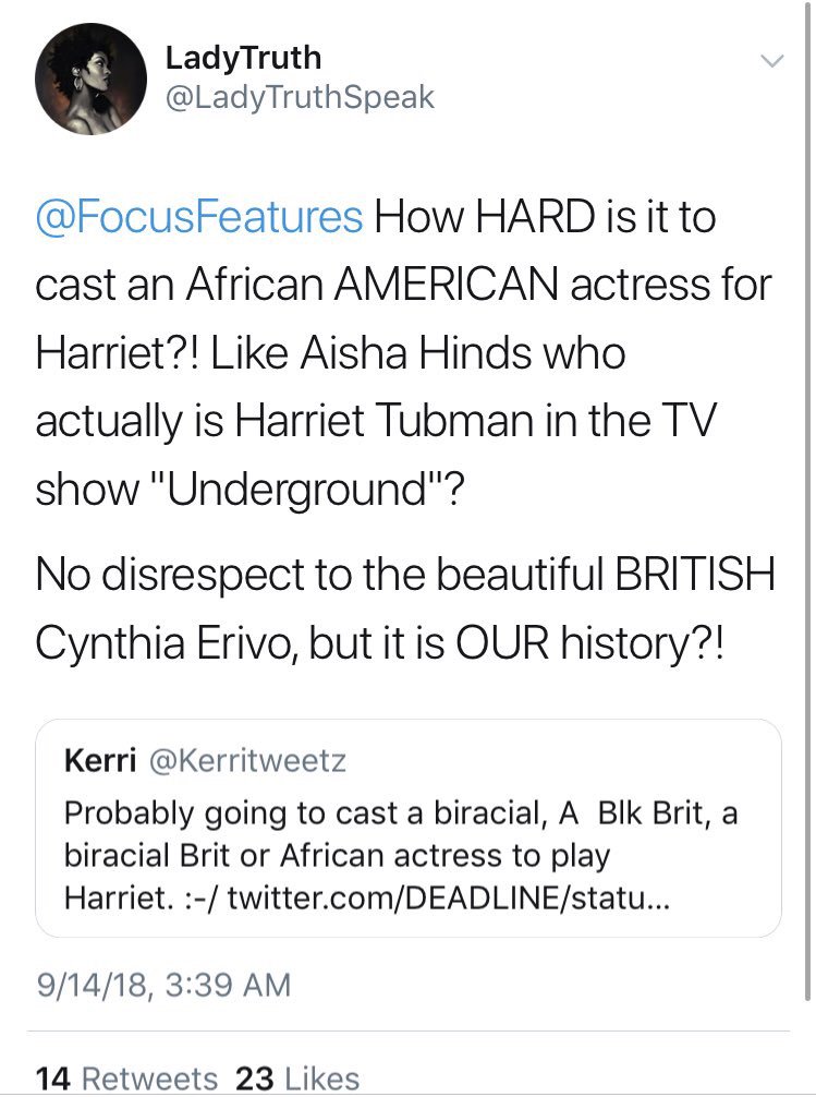 Some AAs feel that an African-American (DACS) should play the role.Some are fine with a Black person of enslaved descent (Caribbean, Afro-Latino, Liberian) can play the role. Many have mentioned Underground’s Aisha Hinds (brilliant as Harriet Tubman), who is Caribbean-American