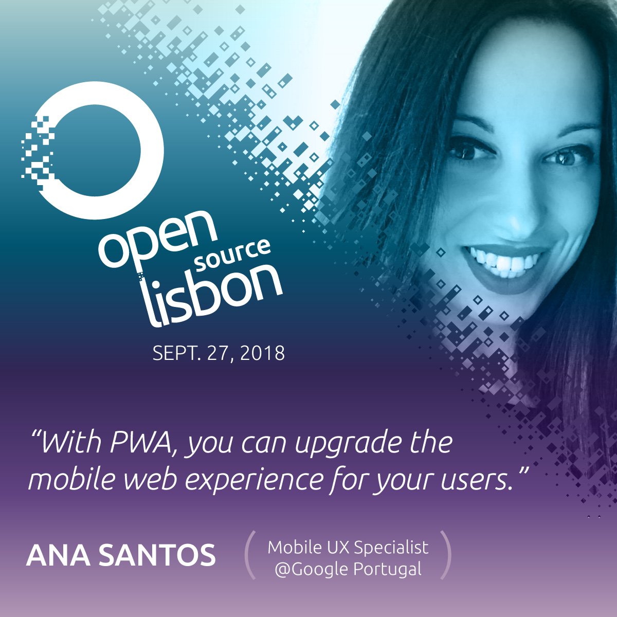 OpenSourceLx's tweet photo. Ana Santos, Mobile UX Specialist @Google Portugal, will join #OpenSourceLx to talk about Progressive Web Apps and share her extensive experience in the Mobile UX world!
Read more about Ana Santos at: https://t.co/lSy81RprDd
#OpenSourceLx #OpenSourceLisbon #OpenSourceEvent https://t.co/jnzamfIroP