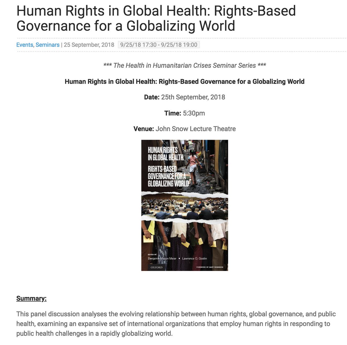 *TOMORROW*
The London 🇬🇧 launch of "Human Rights in Global Health" 
I look forward to joining <a href="/GorikOoms/">Gorik Ooms</a> in welcoming everyone to <a href="/LSHTM/">London School of Hygiene & Tropical Medicine</a> and speaking with our contributors about the influence of #HumanRights in #GlobalGovernance to promote #PublicHealth
crises.lshtm.ac.uk/2018/07/24/hum…