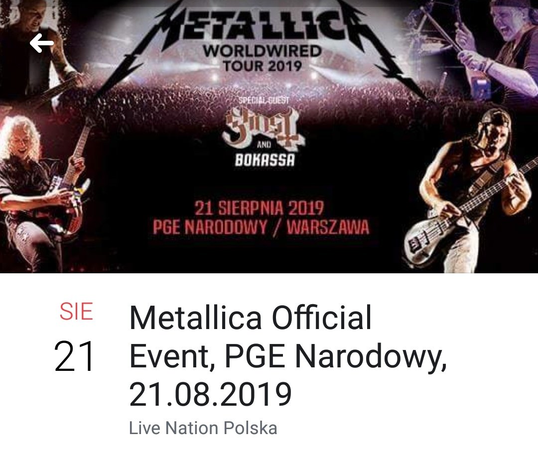 No i mamy potwierdzenie: 21 sierpnia 2019 roku <a href="/Metallica/">Metallica</a> zagra na Stadionie PGE Narodowym w Warszawie! Supporty: Ghost oraz Bokassa. Organizatorem oczywiście Live Nation Polska.🔥🔥🔥