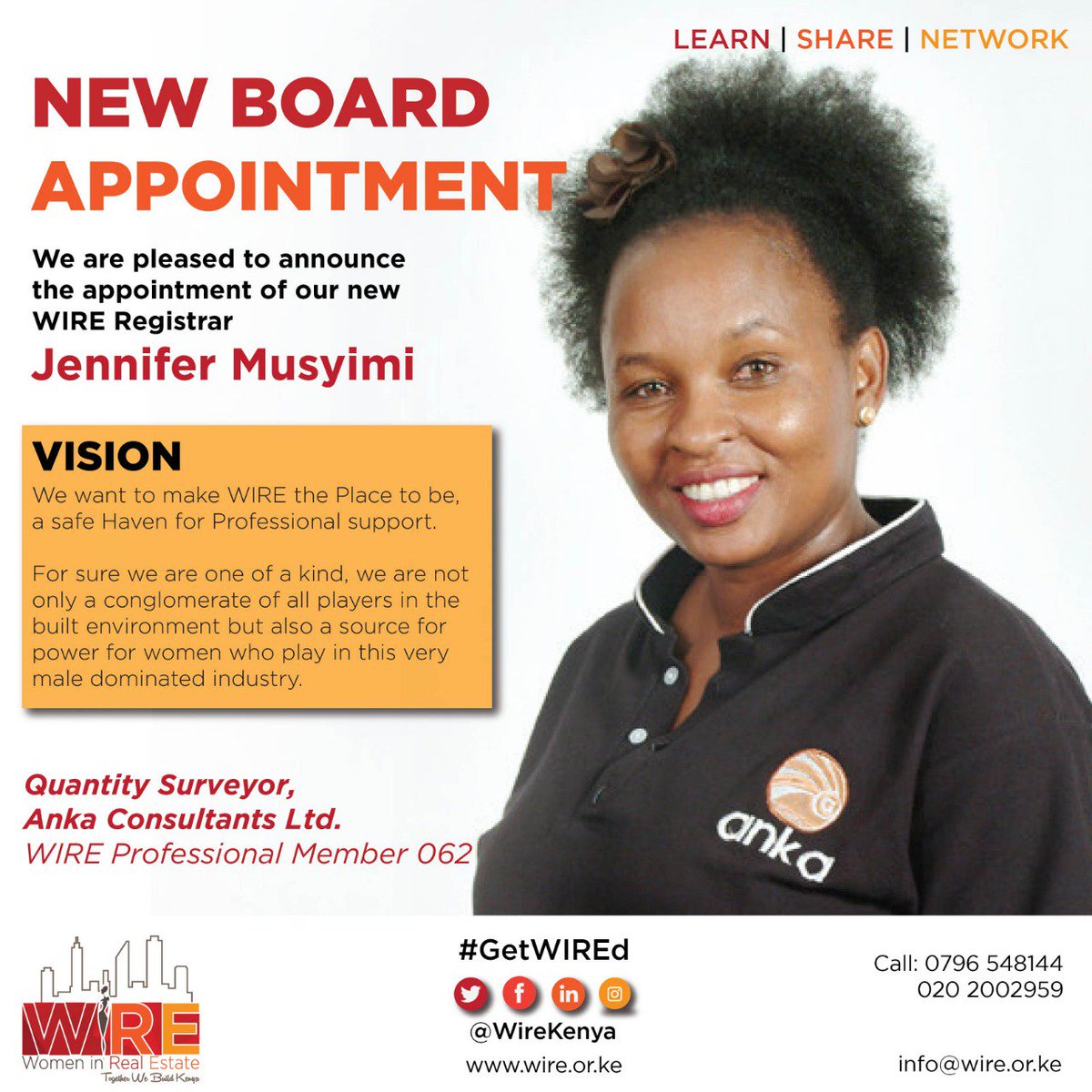 wirekenya's tweet image. NEW BOARD APPOINTMENT
We are pleased to announce the appointment of our new WIRE Registrar - QS. Jennifer Musyimi member no. 062 @nduksi #WIREworks #WIREboard #GetWIREd