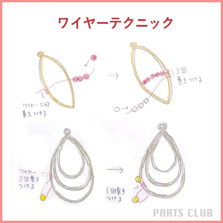 パーツクラブ ワイヤーに天然性やビーズを通し メタルフープにくるくる巻き付けたピアスです ほどよいボリュームのある立体的なモチーフに仕上げました ウッドビーズを合わせればエキゾチックな雰囲気に カラーやデザインをアレンジしてお楽しみ