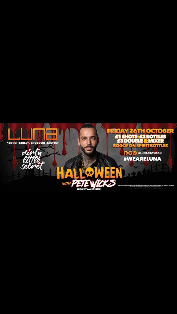 Almost time for Halloween 🎃 come down and party with TOWIE’S finest 👌🏻😍#Dirtylittlesecret #TOWIE #PeteWicks