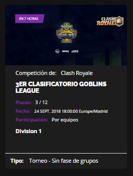 #ClashRoyale

Hoy lunes comienza el 3er Clasificatorio de la <a href="/GoblinsLeague/">Goblins League</a> 🏆

Inscripción de 2€ y todavía 2 clasificatorios por delante
¿Merece la pena intentarlo sabiendo que tiene un premio superior a 180€? 
😏😏

Apúntate ahora y asegura tu plaza: bepro-esports.com/es/season-prof…