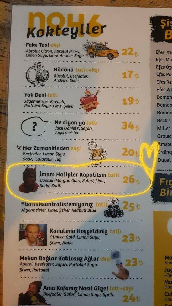 ahmetvehbi's tweet photo. eskisehir'de no 46 adlı bar'ın menusu.. paylasan kisinin hosuna gitmis ki kalp yapmis.. belli ki foto montaj degil yani.. bu mekan derhal incelemeye alinmalı, gerekli ceza verilmeli https://t.co/dLBnuPOKsR