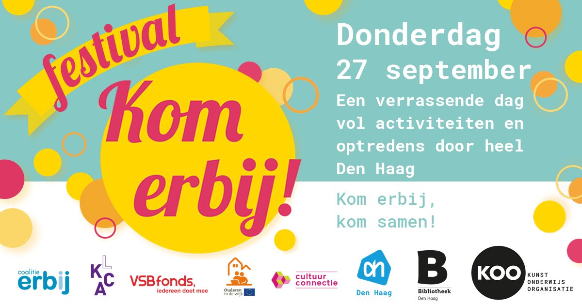 KOOdenhaag's tweet photo. a.s. donderdag festival in Den Haag 'Kom Erbij!' @bieb070 @CoalitieErbij 
Het programma is bekend: https://t.co/hoeWlgdytP
Kom ook! Een gezellige dag met verrassende pop-up kunstuitbarstingen op diverse locaties! https://t.co/aBsbKb2JcL