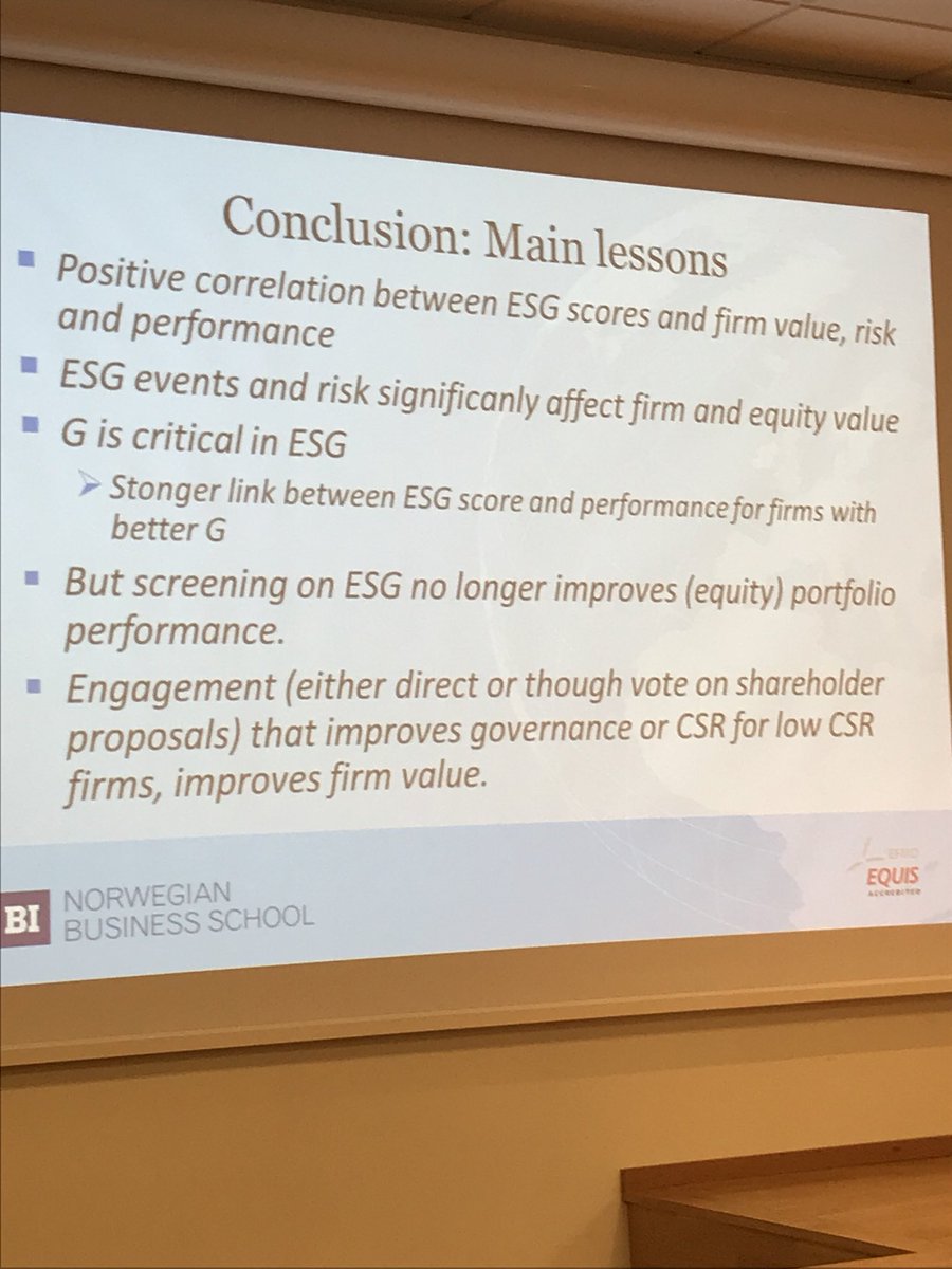 .<a href="/Norsif/">Norsif</a> Conference #Oslo for the official launch of <a href="/Norsif/">Norsif</a> committee report #esg integration. Lessons learned: 1.first focus should be on #governance 2.stronger link between #esg score and performance for firms with better #G