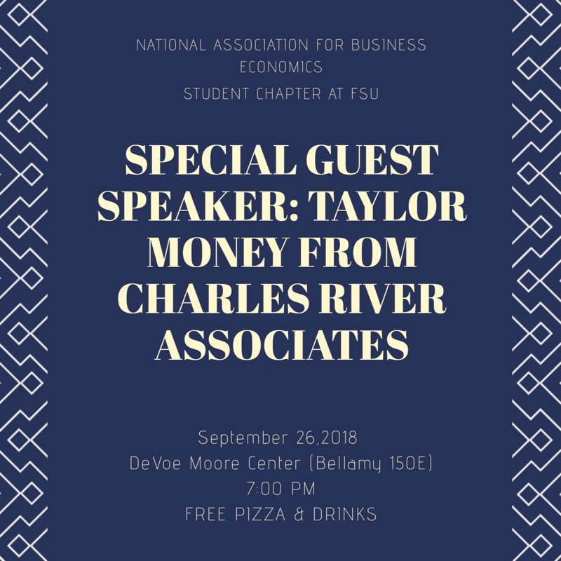 Our second special guest speaker of the semester is Taylor Money, an FSU alumnus, who is currently working for River Charles Associates. Join us on Wednesday, September 26th at 7:00 PM at the DeVoe Moore Center (Bellamy 150E) . #nabe #nabeatfsu #economics #appliedeconomics