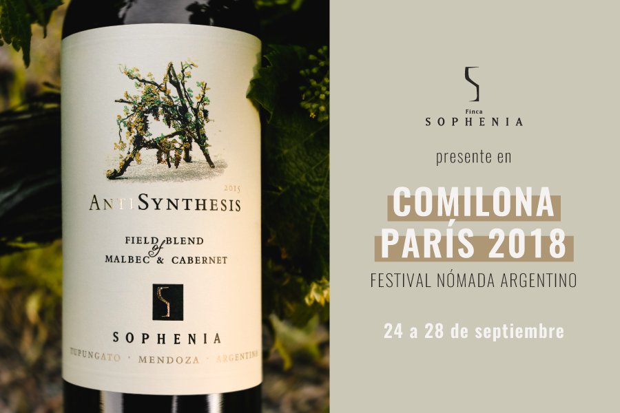 FincaSophenia's tweet photo. Hoy comienza #Comilona, el festival nómada de gastronomía Argentina en #París. Estaremos maridando exquisiteces nacionales con #Antisynthesis Field Blend de la mano de destacados chefs y sommeliers argentinos. https://t.co/WovXZbVvk2