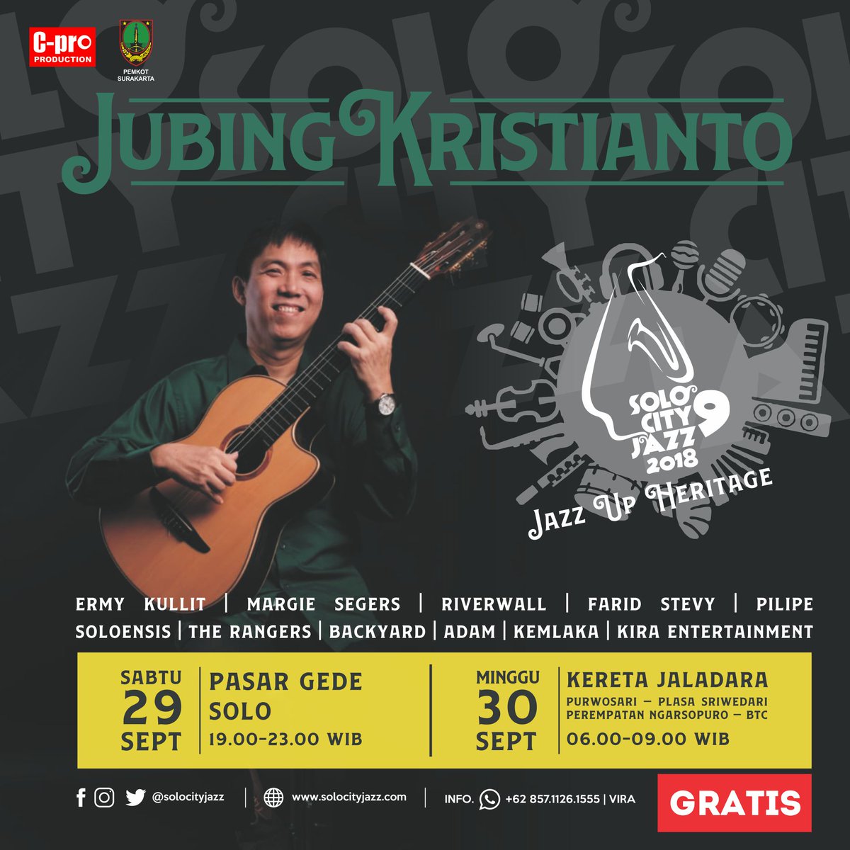 Hayoooo siapa yang kangen dengan permaian gitar dari Mas Jubing Kristianto? 😚
Nah, wajib datang ya besok Sabtu dan Minggu di SOLO CITY JAZZ IX "Jazz Up Heritage". 😊

#solocityjazz #kotasolo