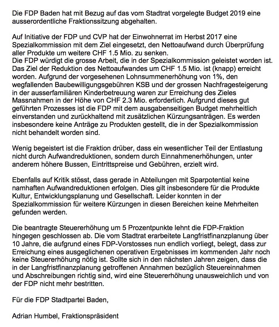 FDP_Baden's tweet photo. Die #FDP #Baden unterstützt grossmehrheitlich das Budget 2019, spricht sich aber gegen eine Steuererhöhung von 5% im Jahr 2019 aus @azBaden @srfaarau @moeru5712 https://t.co/6xU9X36Hy4