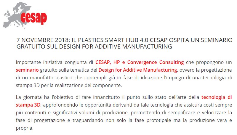 Vuoi approfondire il tema del Design for Additive Manufacturing? Iscriviti al seminario gratuito organizzato da Cesap, <a href="/HP_Italia/">HP Italia</a> e <a href="/Convergencesrl/">Convergence Consulting srl</a> e scopri le ultime novità nell'ambito della tecnologia di stampa 3D.
#additivemanufacturing #innovazione
cesap.com/2018/09/20/7-n…