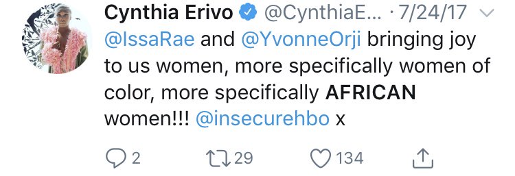 Speaking of specifics, Cynthia understands that specific Nigerian/African/Black Brit representation in more general (Black/mainstream/American) spaces is important – and a source of pride.