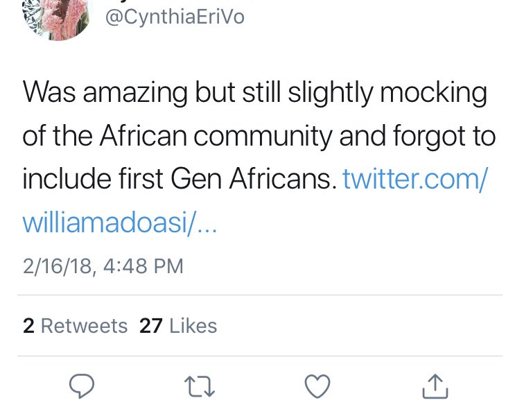 She can even distinguish between the lived experiences and representations of different generations of immigrants who are African. Very specific, indeed.