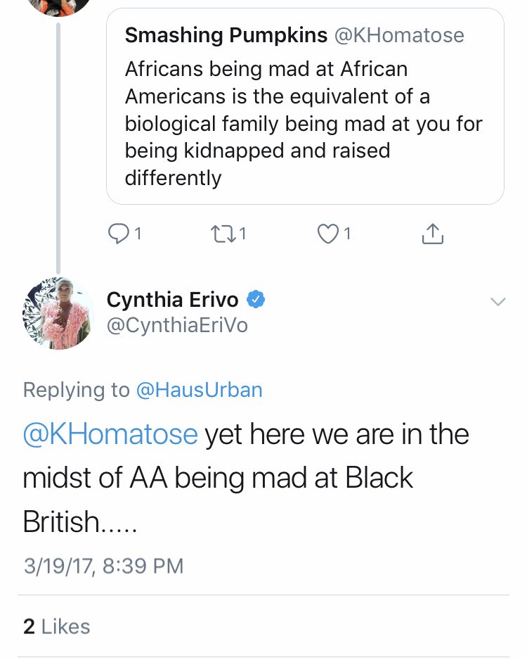 She seems to only note African-Americans as a distinct group when she perceives them as doing something negative (against Africans), like being “jealous” or “mad” or “ghetto.”She judges, debates, denies, dismisses and, ultimately, disrespects.
