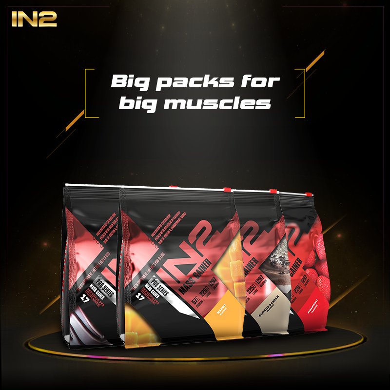 IN2_Nutrition's tweet photo. With a 5 kg pack of Mass Gainer, there's no stopping the muscle building. Choose from 4 delicious flavours - Mango, Rich Chocolate, Strawberry and Cookies &amp; Cream to get huge gains, in a single pack. 
#IN2Nutrition #IN2Transformation #pushyourself #MassGainer #flavours https://t.co/R2FXWXDLuq