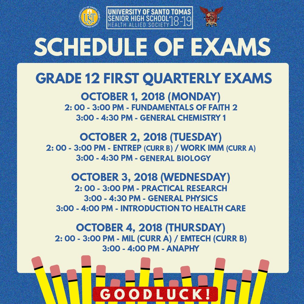 ustshshasoc's tweet photo. Heads up HA!

Below is the schedule and the respective room assignments of each section for our incoming Preliminary Examinations for the 1st Semester of A.Y 2018 - 2019.

Good luck and God bless HA!

#LabanHA

(1/2) https://t.co/ToSLW9pFIk