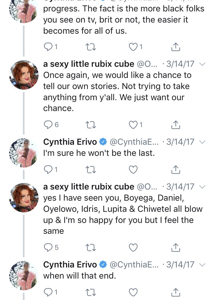 Moving along, Cynthia dismisses a lot.Dismisses & erases difference.Dismisses & condescends.Dismisses & deflects, with an odd sort of transactional entitlement. “AAs have played Brits, so people shouldn’t take issue with a Brit playing an AA.”