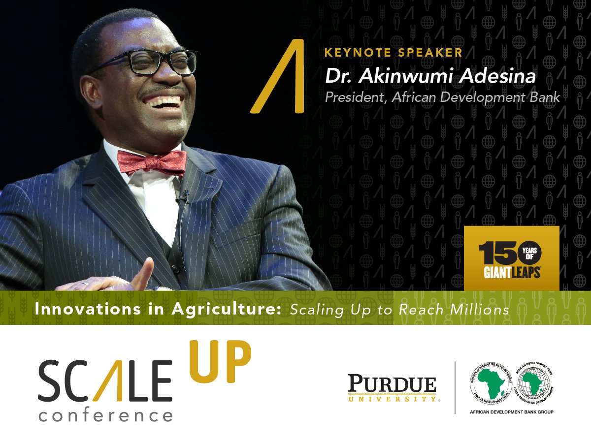 How to shift agricultural innovations from research institutions into the developing world? 

That's one question <a href="/akin_adesina/">Dr. Akinwumi A. Adesina, CON, CGH</a>, <a href="/PurdueAg/">Purdue Agriculture</a> and others will seek to answer at the Scale Up Conference, that starts tomorrow 👉🏿bit.ly/2NDrUDN