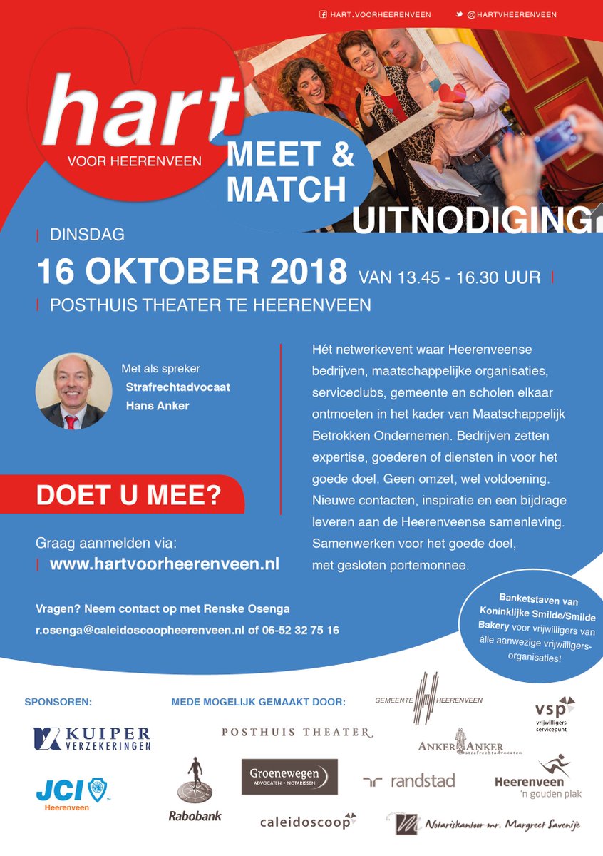 Heeft u hart voor Heerenveen? Wij nodigen u uit om maatschappelijk te ondernemen op 16 okt! Té leuk om niet te doen. Aanmelden kan via: bit.ly/2O0XWsL
