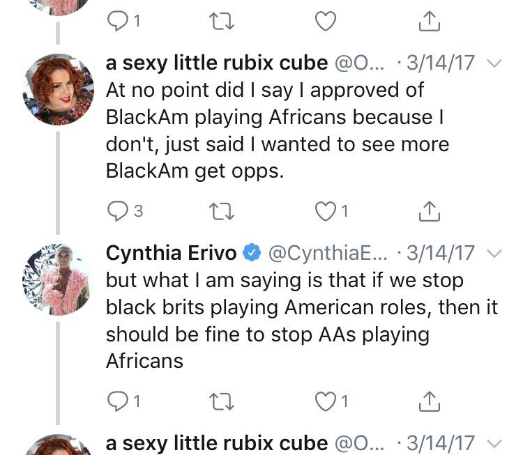 Moving along, Cynthia dismisses a lot.Dismisses & erases difference.Dismisses & condescends.Dismisses & deflects, with an odd sort of transactional entitlement. “AAs have played Brits, so people shouldn’t take issue with a Brit playing an AA.”