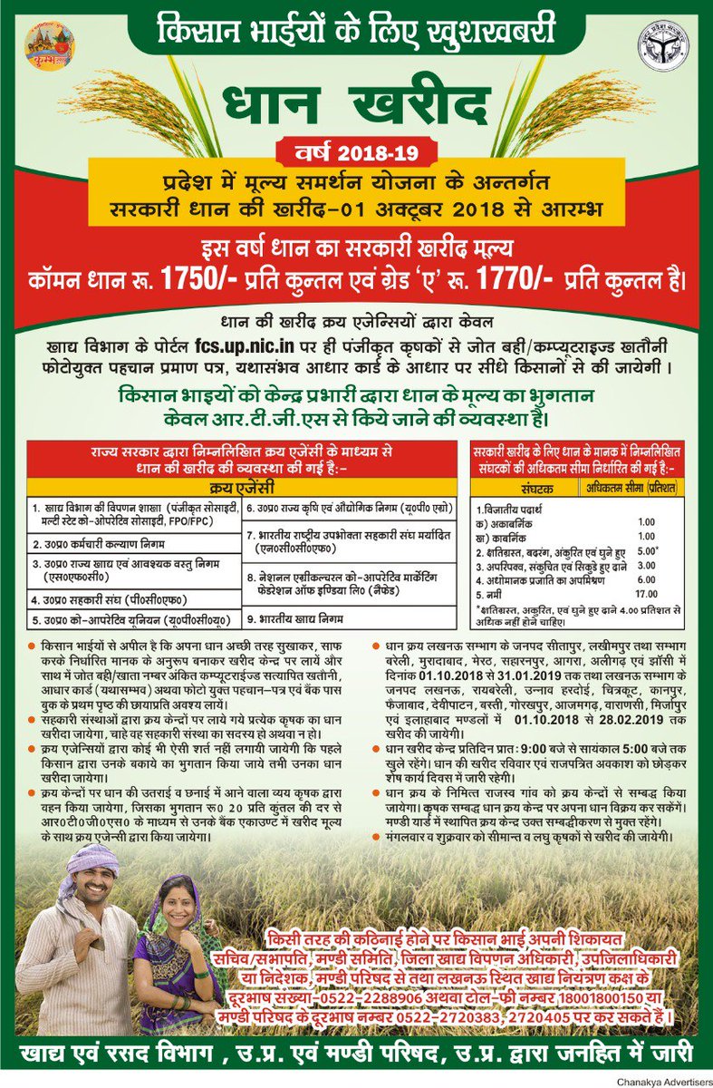 प्रदेश में मूल्य समर्थन योजना के अंतर्गत पश्चिमी उत्तर प्रदेश में सरकारी धान की खरीद ०१ अक्टूबर २०१८ से आरम्भ .