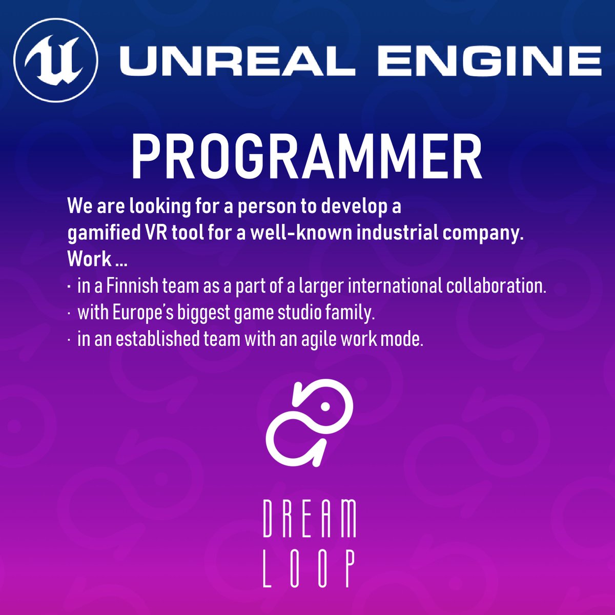 📢 We're hiring! Interested in VR? Unreal Engine programmer position open for international VR project. Read more here: dreamloop.net/index.php/2018… #vr #unreal #programmer #nowhiring #jobs #joblisting #jobposting #gamejobs #gamedev #workinfinland <a href="/GamesJobsFin/">Games Jobs Finland</a> <a href="/peliala/">Pelialan työpaikat</a>