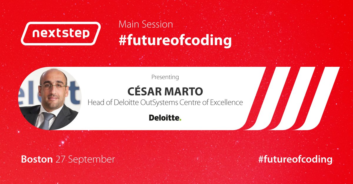 OutSystems's tweet image. Join César Marto, Head of @Deloitte OutSystems Centre of Excellence, at #nxStep for his session on the #FutureOfCoding. bit.ly/2zmCK8f