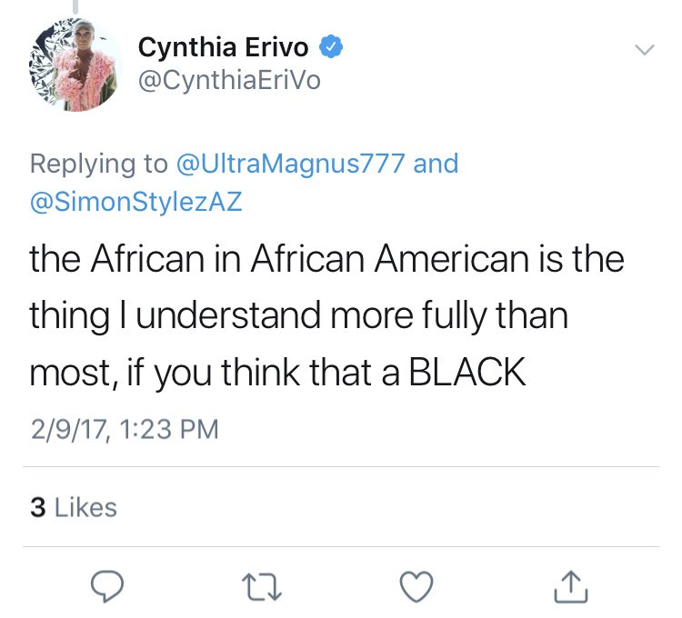 When asked to respect AAs as their own distinct group, she switches focus to generic, undifferentiated Blackness or POCness. Or implies that AAs are less entitled to consider themselves AA. Or that they are the ones who are confused about what it means to be African-American.