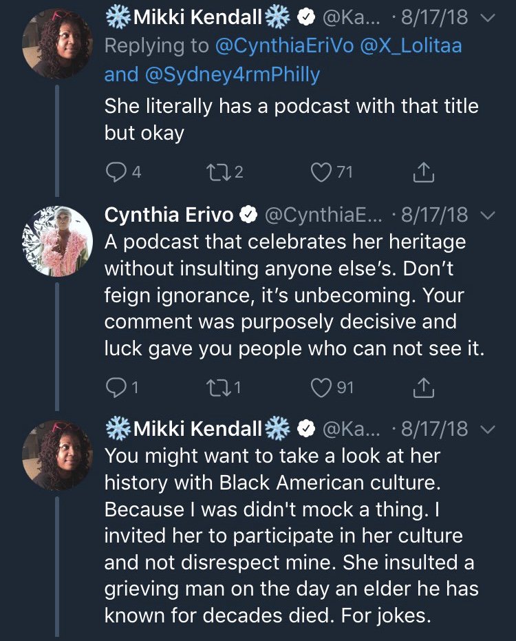 A historian called out her friend (the ethnic bigot)'s latest overstep in disrespecting & exploiting AA culture. Cynthia defends with a telling retweet. (RT isn't always agreement but in this situation, it seems it is.) #HarrietDeservesBetter