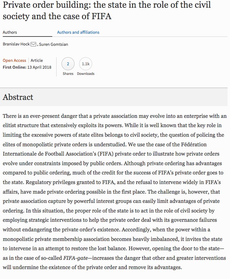 Sportslaw_Asser's tweet photo. @Andrea_Cattane0 @JanExner90 @LegalManFlan @TomasGrell @DanielaHeerdt The sixth article (winner of the ISLJ prize) by @bran_hock & Suren Gomtsian on 'Private order building: the state in the role of the civil society and the case of FIFA' is available (open access) at https://t.co/CDiogDWf2g #Sportslaw #PrivateOrdering #FIFA #EULaw https://t.co/ZUkbScWmuF