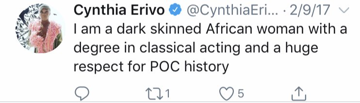 ...Cynthia's BlacknessCynthia's trainingCynthia's celebration of being castCynthia's self-professed position as protector of Harriet’s legacy.A trend?At best she doesn’t understand some very core issues at play; at worst, she’s pretending not to understand these issues