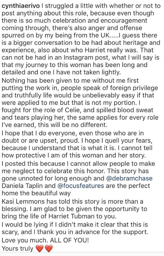 ...Cynthia's BlacknessCynthia's trainingCynthia's celebration of being castCynthia's self-professed position as protector of Harriet’s legacy.A trend?At best she doesn’t understand some very core issues at play; at worst, she’s pretending not to understand these issues