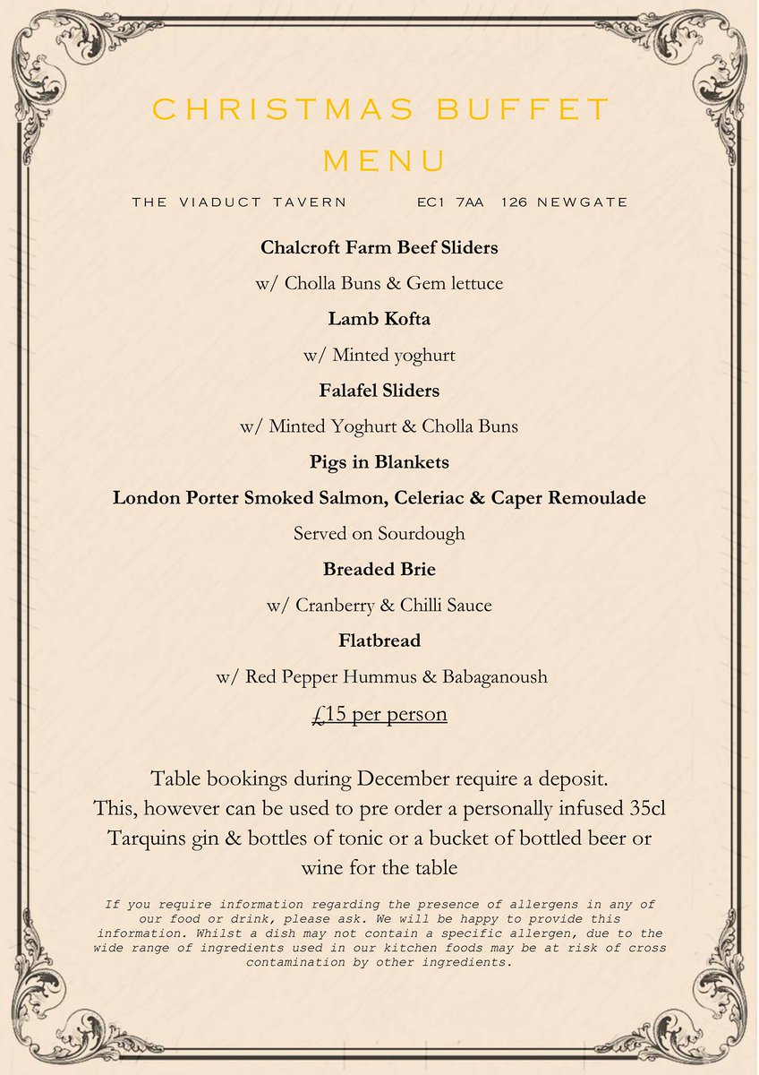 TheViaductEC1's tweet photo. Did you know that you can hire us on the weekends for your Christmas party? Book online for a Merry time: https://t.co/GjYrWm15XB #BuffetMenu #WorkParties #HolidaySeason #OnlyAtFullers https://t.co/uaA2yMaICk