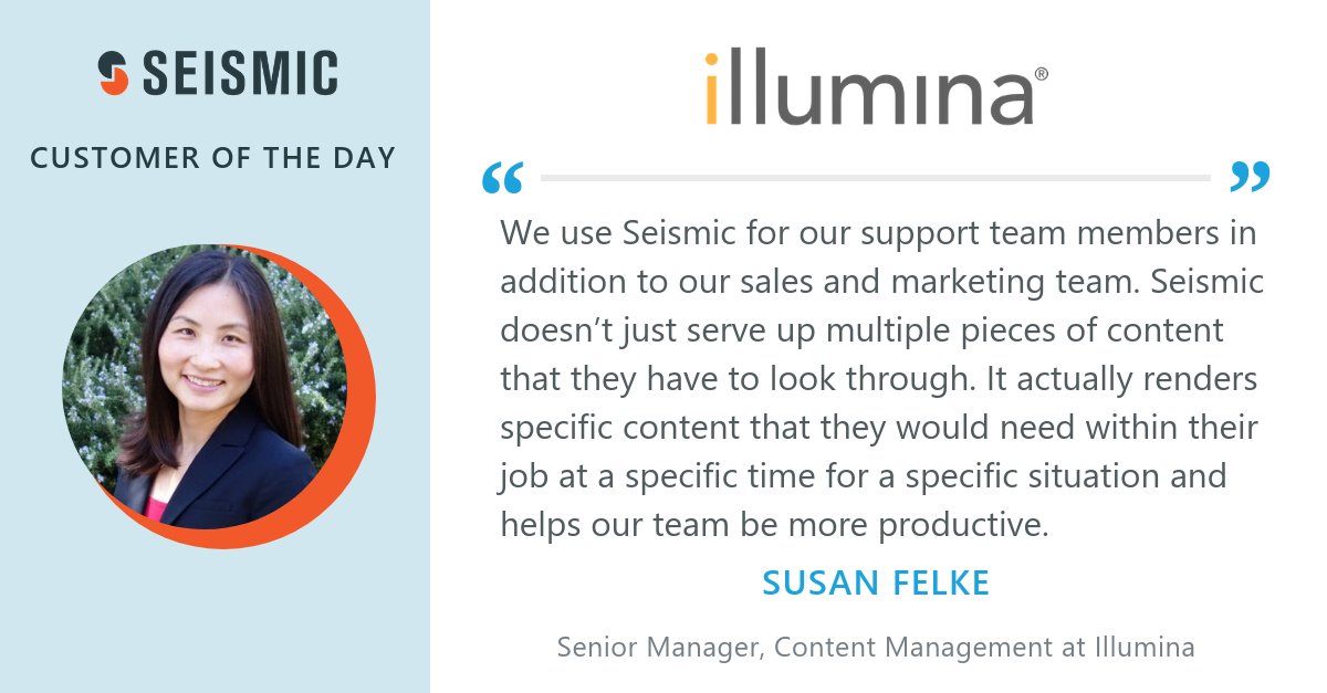 mastersheaf5's tweet photo. Today's #CustomerOfTheDay is Susan Felke from 
@illumina. Our product makes things easier for  you to find the right content, and Illumina is taking advantage! https://t.co/2L3Kq4jTHu